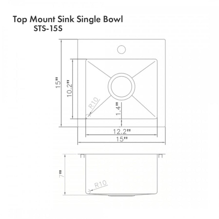 ZLINE 15" Topmount Single Bowl Bar Sink DuraSnow Stainless Steel, STS-15S - Farmhouse Kitchen and Bath