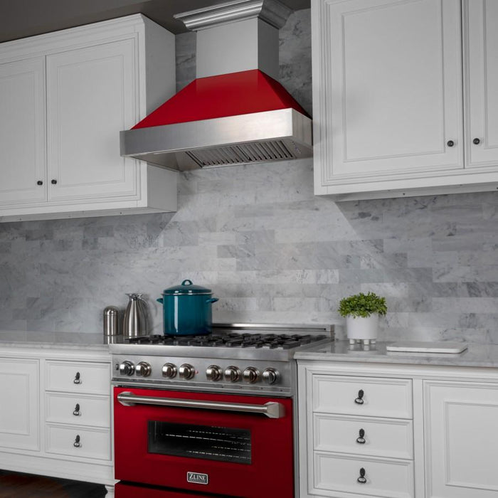ZLINE 36" Professional Dual Fuel Range in Snow Stainless with Red Gloss Door, RAS-RG-36 - Farmhouse Kitchen and Bath
