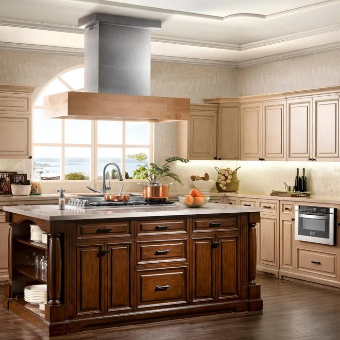 ZLINE 48" Wooden Island Range Hood, Butcher Block, 681iM-48 - Farmhouse Kitchen and Bath